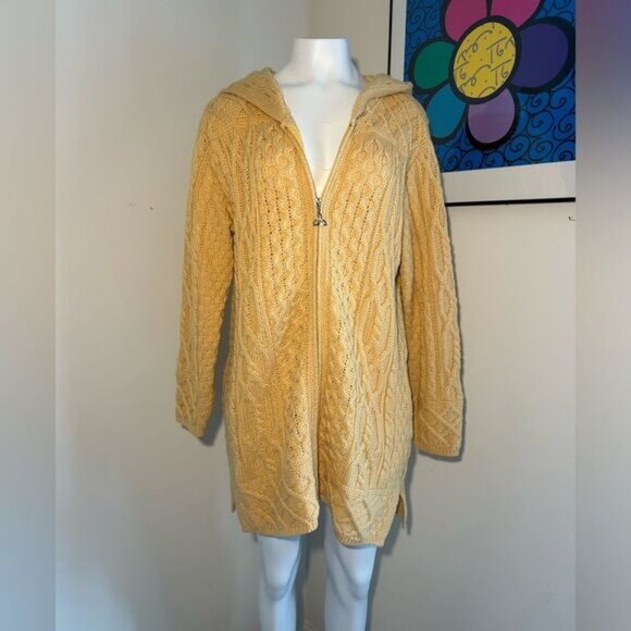 Aran Crafts women’s Yellow Full Zip Wool Cardigan with Hood Size M - Picture 1 of 8